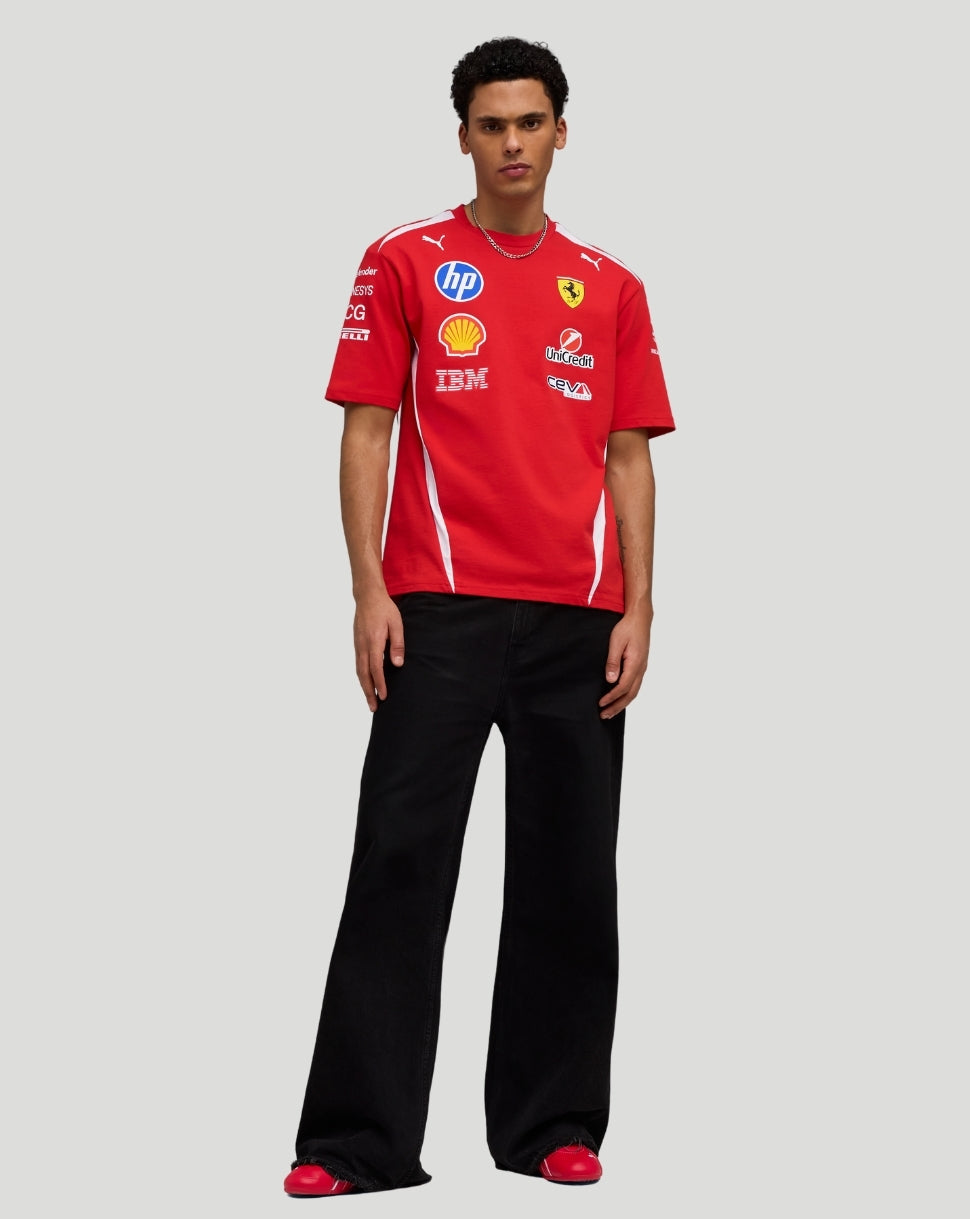 Front view of red Scuderia Ferrari Team Drivers T Shirt featuring multiple sponsor logos on the chest.