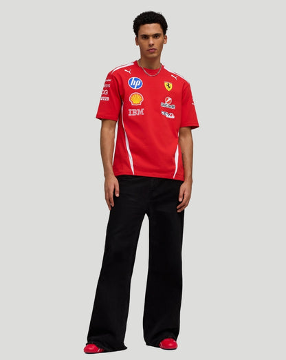 Front view of red Scuderia Ferrari Team Drivers T Shirt featuring multiple sponsor logos on the chest.