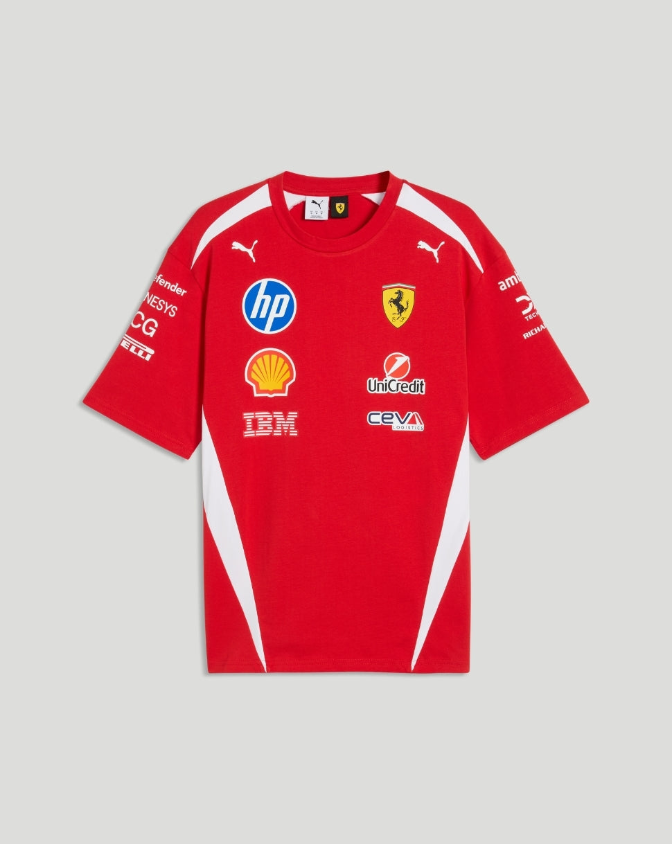 Red Scuderia Ferrari Team Drivers T shirt with Scudetto crest and sponsor logos on chest.