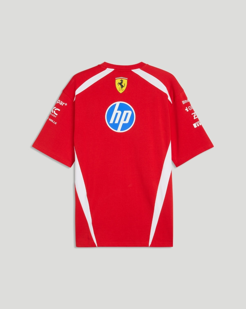Front view of red Scuderia Ferrari Team Drivers T shirt featuring Scudetto crest and hp sponsor logo.