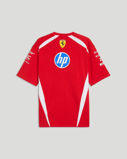 Front view of red Scuderia Ferrari Team Drivers T shirt featuring Scudetto crest and hp sponsor logo.