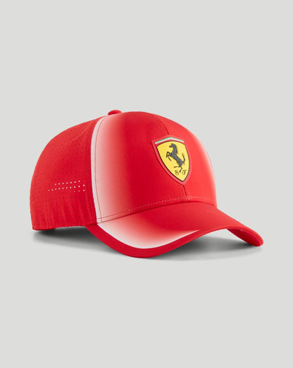 Unisex red Scuderia Ferrari baseball cap with yellow prancing horse crest on the front.