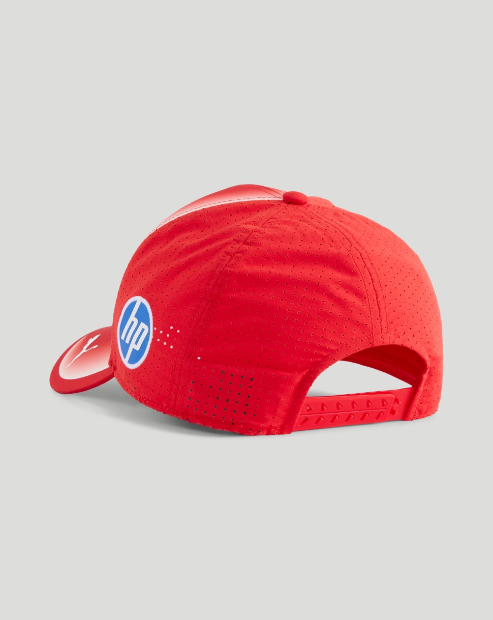 Back view of a red Scuderia Ferrari team baseball cap with perforated panels and an HP logo patch.