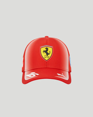 Red Scuderia Ferrari junior cap with yellow shield emblem centered on the front