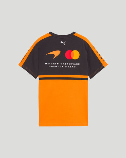Back view of a McLaren Mastercard Formula 1 Team junior T shirt in papaya orange and black with sponsor logos