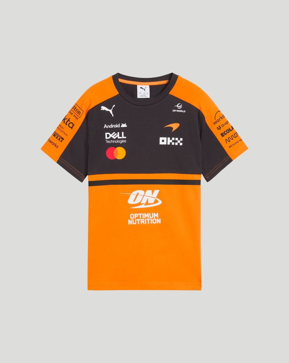 McLaren Junior Team Papaya T shirt front view in orange and black with sponsor logos.