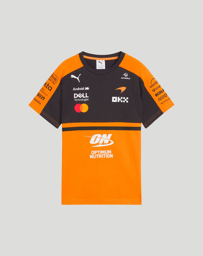 McLaren Junior Team Papaya T shirt front view in orange and black with sponsor logos.