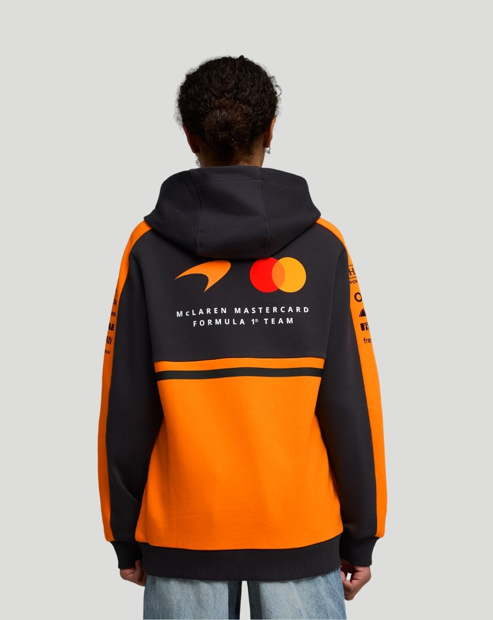 Back view of Papaya McLaren Junior Team Hoodie with McLaren Mastercard Formula 1 Team logo