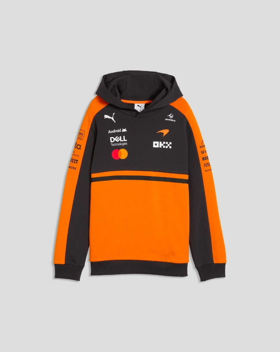 Front view of Papaya McLaren Junior Team Hoodie featuring sponsor logos on chest