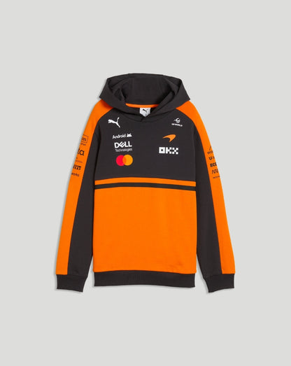Front view of Papaya McLaren Junior Team Hoodie featuring sponsor logos on chest