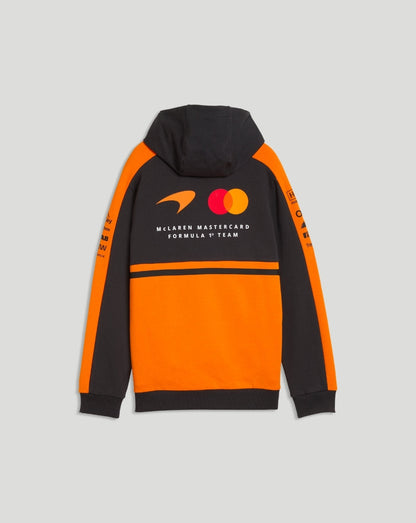 Back view of McLaren Junior Team Hoodie in Papaya orange and black with racing logos on the back