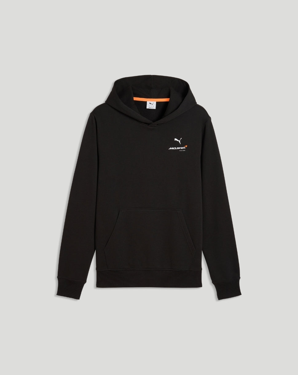 Front view of black McLaren hoodie with chest logo and clean silhouette