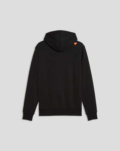 Back view of black McLaren hoodie with small orange accent near the shoulder