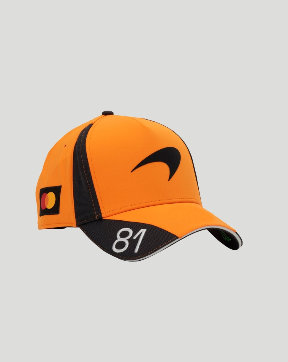 Kids Oscar Piastri cap in papaya orange with curved brim and snapback closure, featuring Mastercard logo on side.