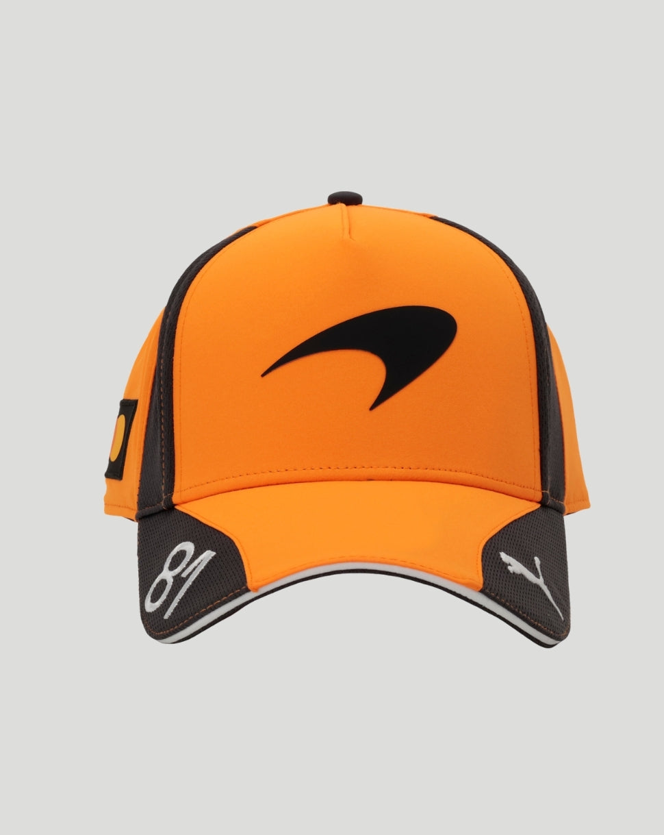 Front view of bright orange cap with curved brim and large black curved logo on the front panel