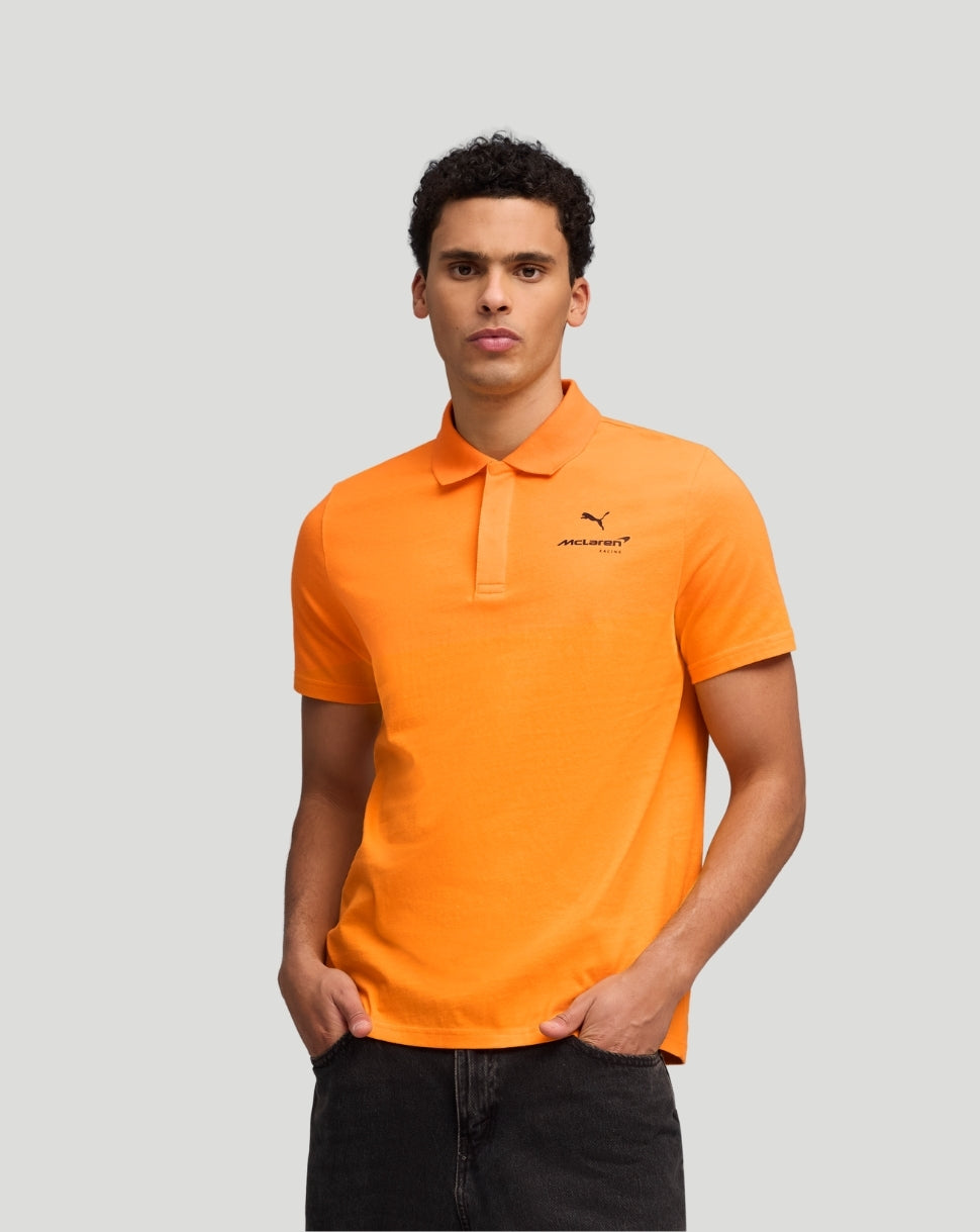 Front view of McLaren Men's Small Logo Polo in Papaya with a collar and small chest logo.