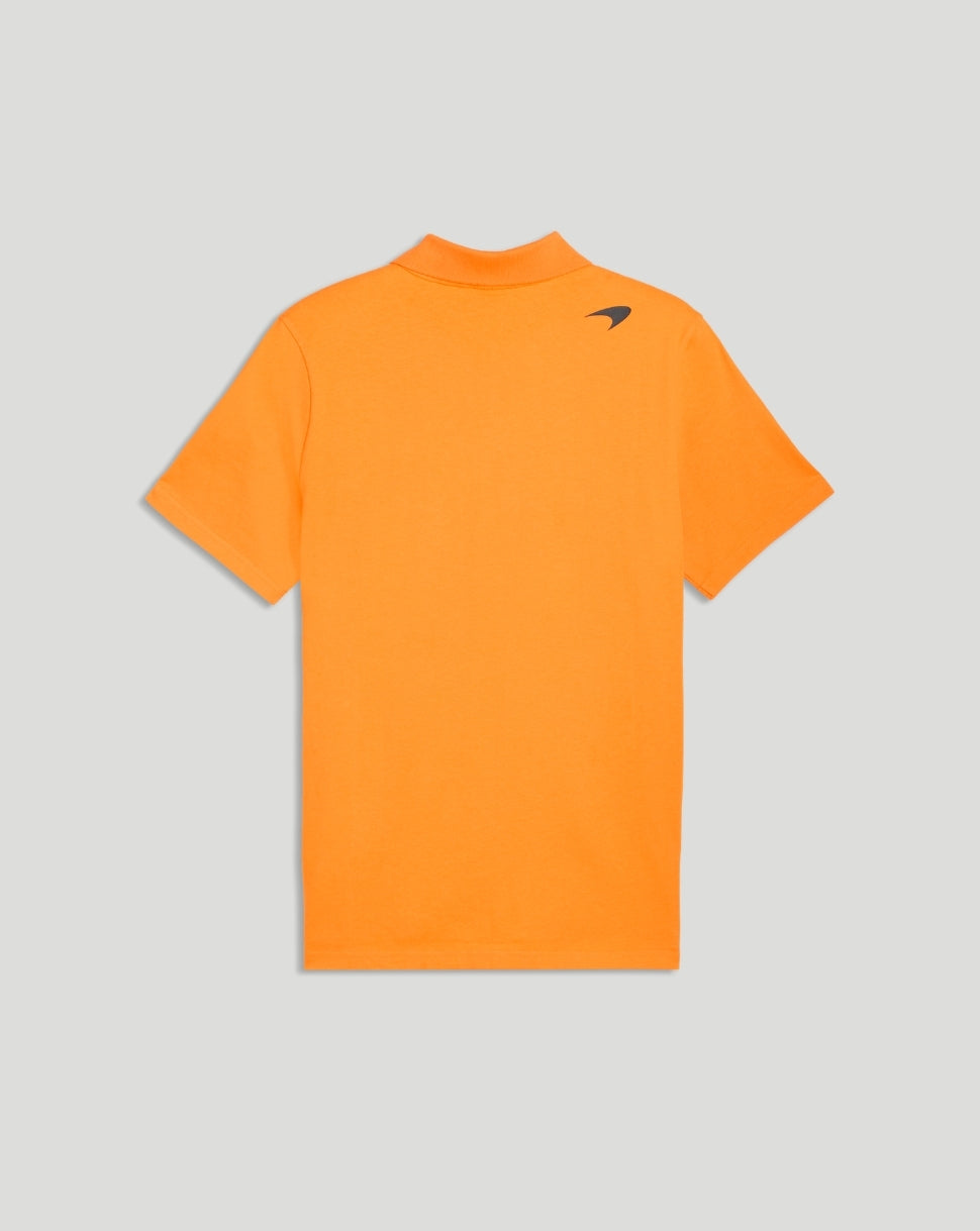 Back view of a papaya McLaren polo showing the small logo on the upper back shoulder