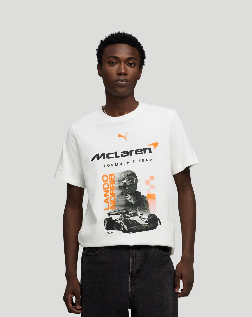 Front view of a man wearing a white McLaren Norris Core T-Shirt with McLaren branding and Lando Norris graphic