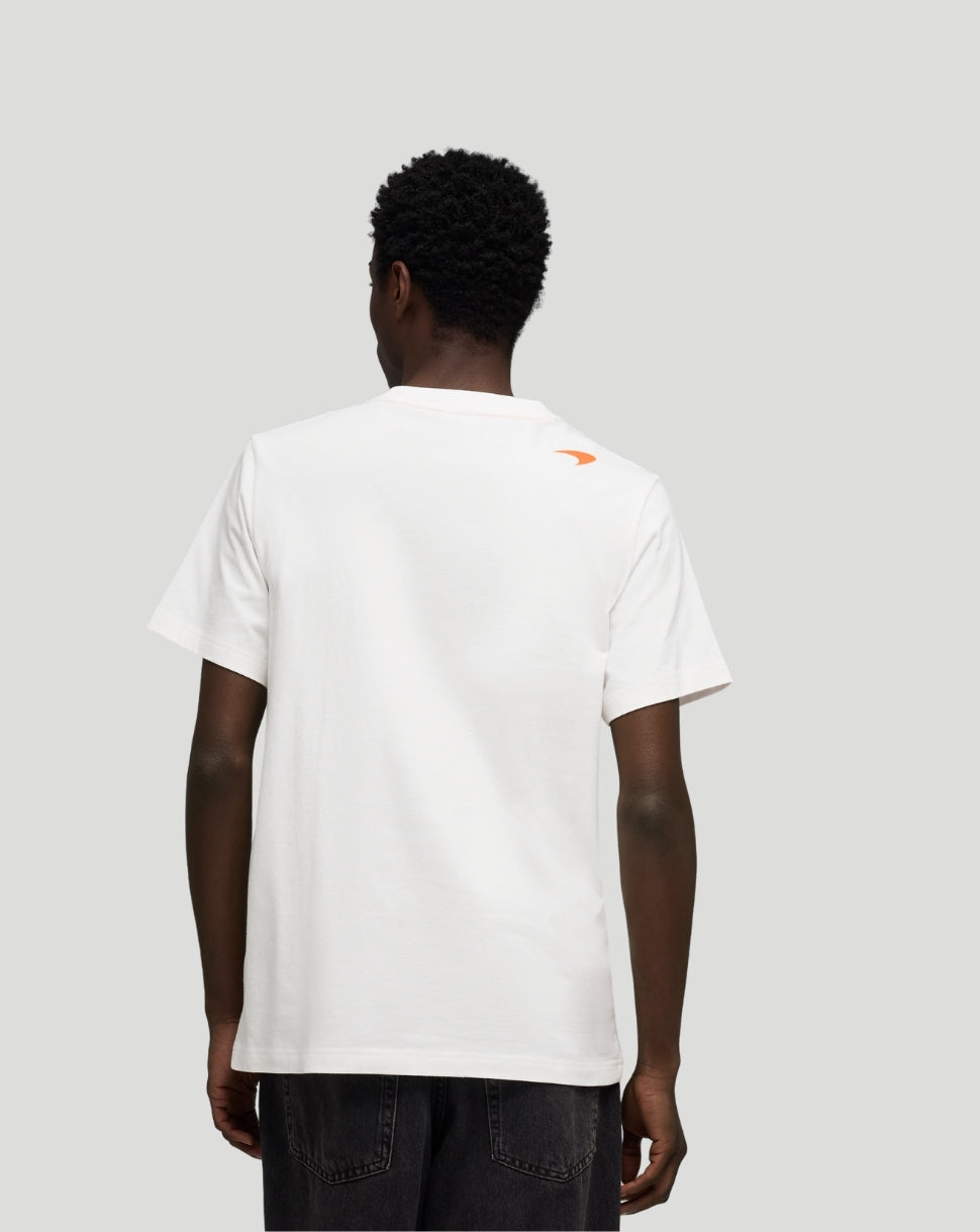 Back view of a white McLaren Norris Core T-Shirt showing an orange logo at the upper back