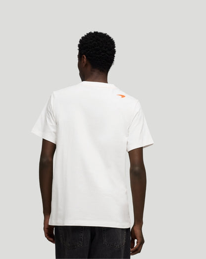 Back view of a white McLaren Norris Core T-Shirt showing an orange logo at the upper back