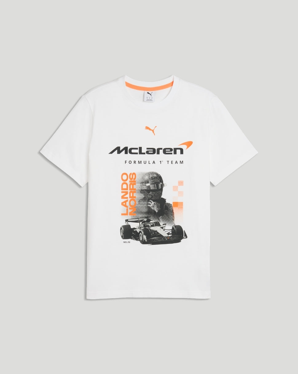 Flat lay of a white McLaren Norris Core T-Shirt with bold front graphic featuring a race car and Lando Norris text