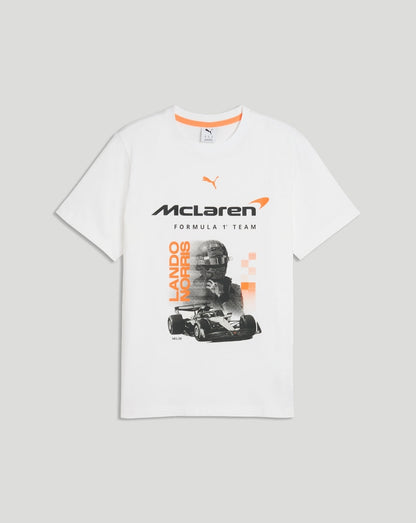 Flat lay of a white McLaren Norris Core T-Shirt with bold front graphic featuring a race car and Lando Norris text