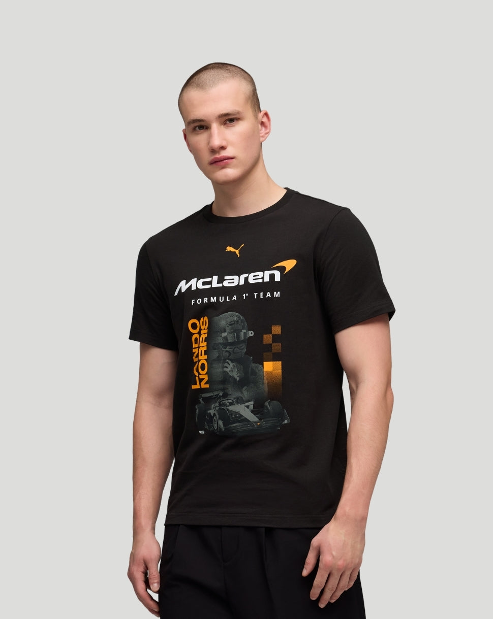 Black McLaren Norris Core T shirt on a male model featuring bold McLaren branding
