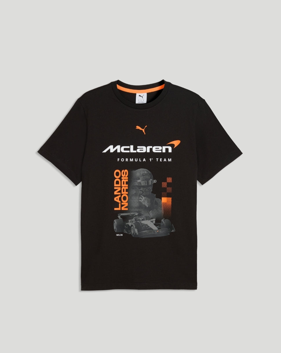 Black McLaren Norris Core T shirt with Lando Norris graphic and orange branding on the front