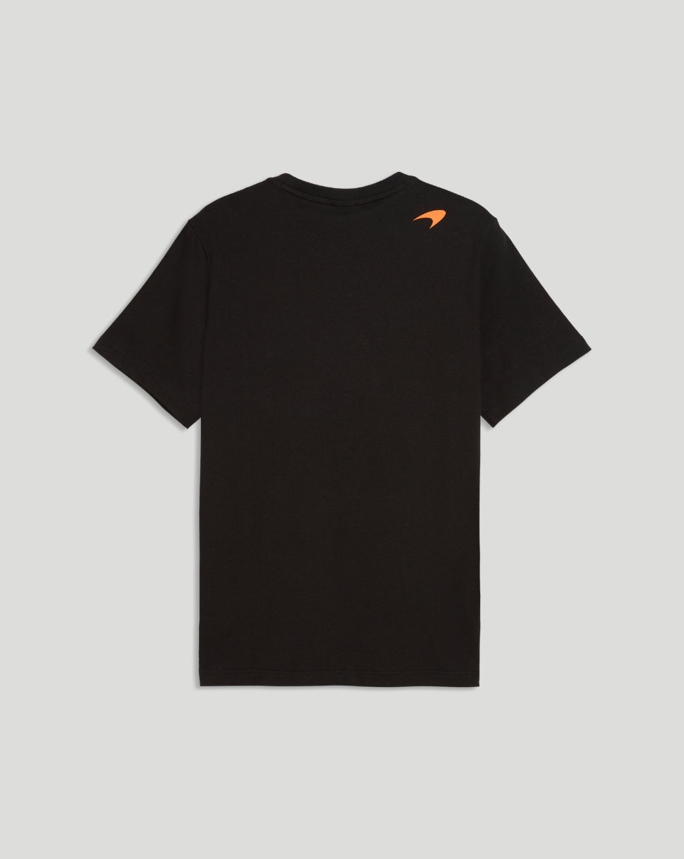 Back view of black McLaren Norris Core T shirt with small orange PUMA logo near the shoulder