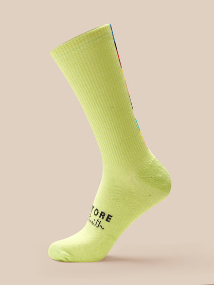 Bright green sock with text on a beige background