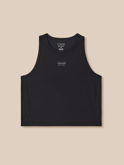 Black tank top with branding on a beige background