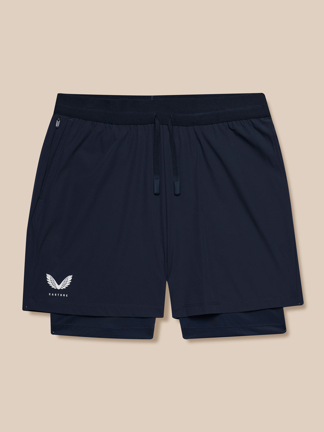 Navy 2-in-1 shorts with inner layer and small white Castore logo.