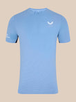 Front view of sky blue Majesticks T Shirt with a white Castore chest logo and sleeve branding.