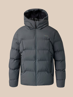 Grey hoodie with a logo on the chest against a white background