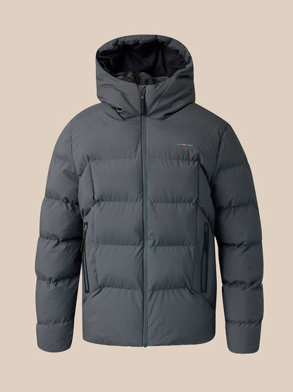 Grey hoodie with a logo on the chest against a white background