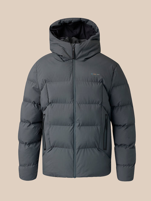 Grey hoodie with a logo on the chest against a white background