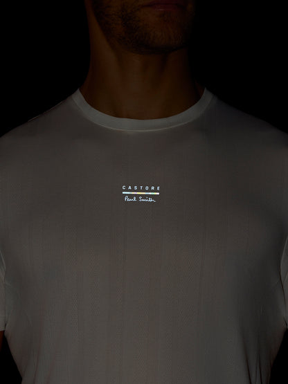 White t-shirt with a logo on a black background