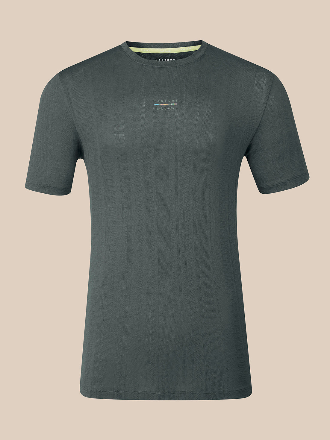 A dark gray short-sleeve crewneck t-shirt with a subtle vertical ribbed texture and a small multicolor logo on the left chest, displayed against a solid beige background.
