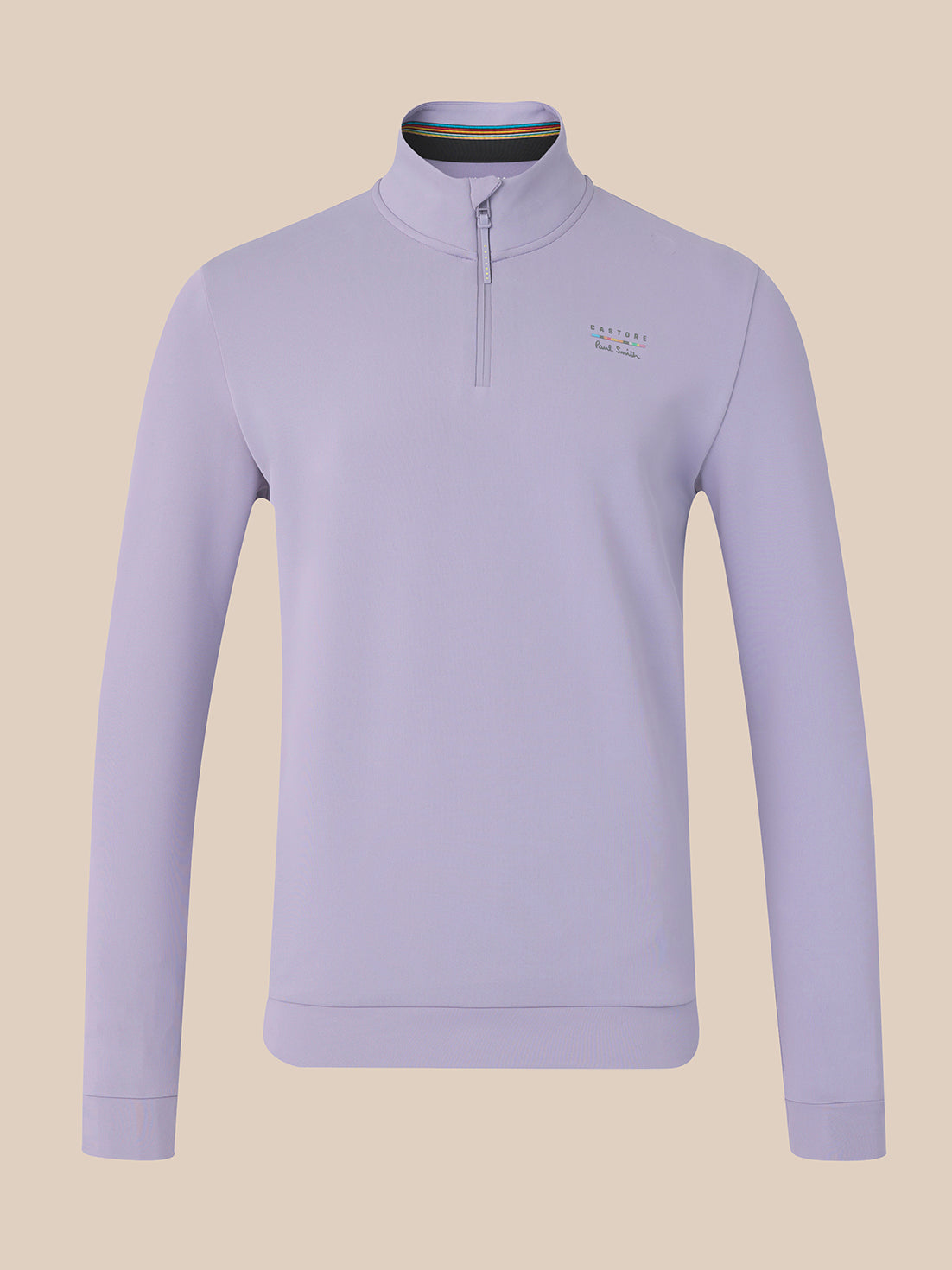 A light lavender quarter-zip pullover sweater with a small embroidered logo on the left chest, displayed on a neutral beige background.