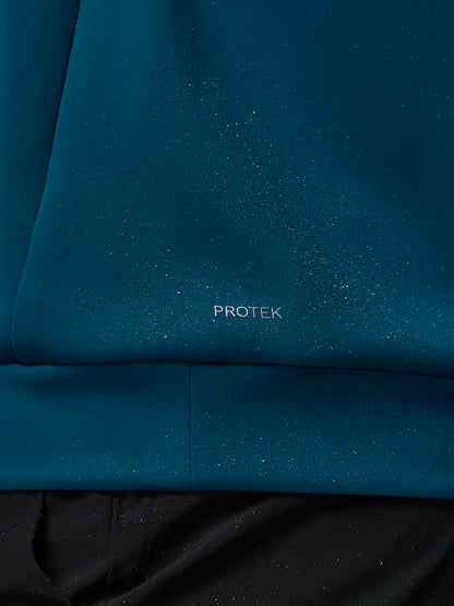 Close-up of blue fabric with 'PROTEK' branding.