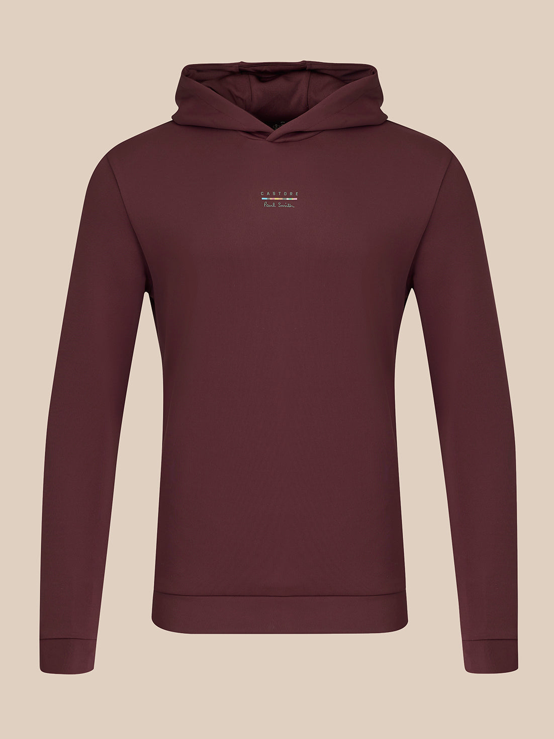 A dark plum-colored long-sleeve hoodie with a small white embroidered logo on the left chest, displayed on a neutral beige background.