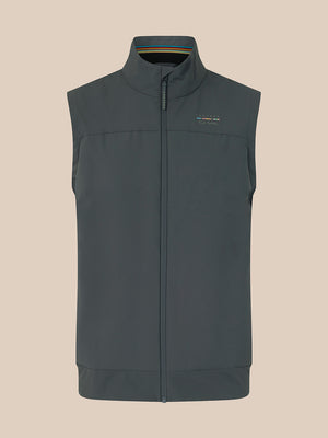 A dark gray sleeveless zip-up vest with a stand-up collar, shown flat against a solid beige background. A small embroidered logo is visible on the left chest.