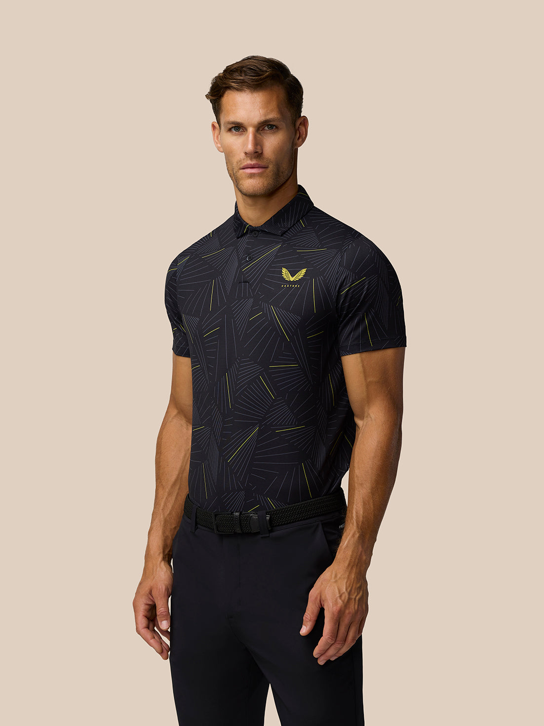 Golf Club Swing Printed Polo - Black/Gunmetal/Mustard