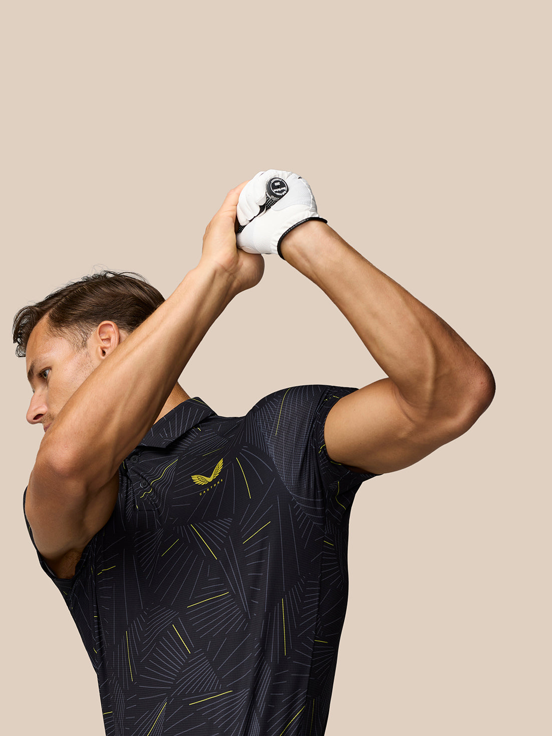 Golf Club Swing Printed Polo - Black/Gunmetal/Mustard