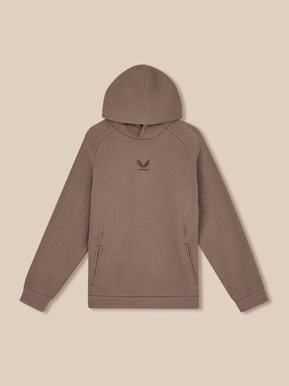 Brown hoodie with a logo on a beige background