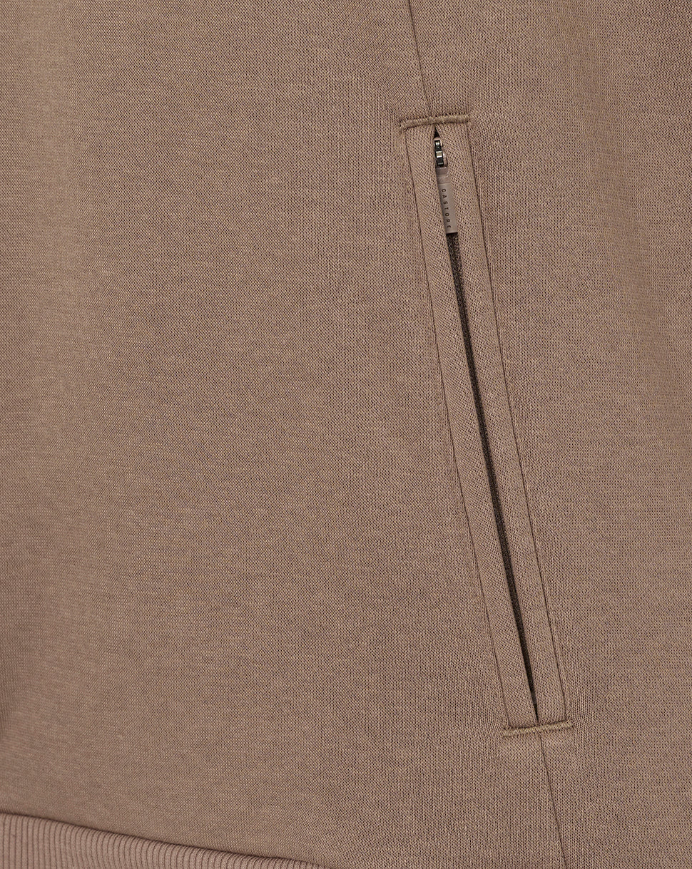 Close-up of a brown fabric with a zipper pocket