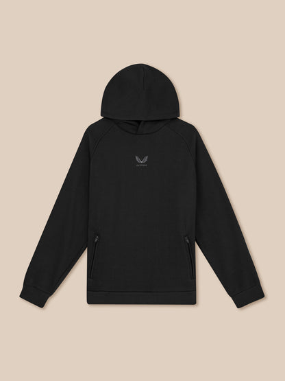 Black hoodie with a logo on a beige background