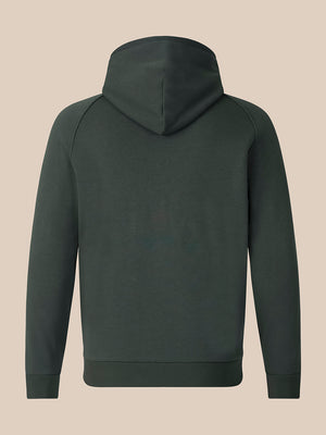 A dark gray-green hooded sweatshirt shown from the back, featuring a simple stitched hood and long sleeves, set against a solid beige background.