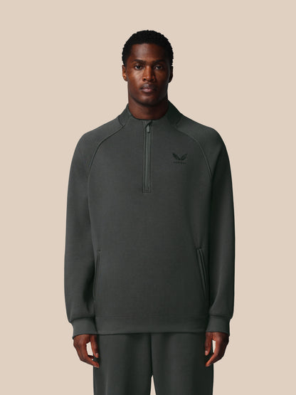 Man wearing a dark gray half-zip sweatshirt on a beige background