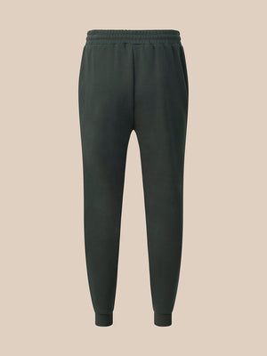 A pair of dark navy blue athletic pants with an elastic waistband, drawstring, and zippered side pockets, shown against a light gray background.